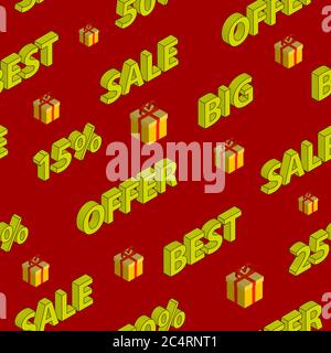 Seamless pattern on sales and discounts with isometric inscriptions and gift boxes, yellow on red background Stock Vector