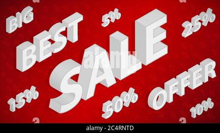 Sale and discount background with isometric inscriptions, white on red Stock Vector