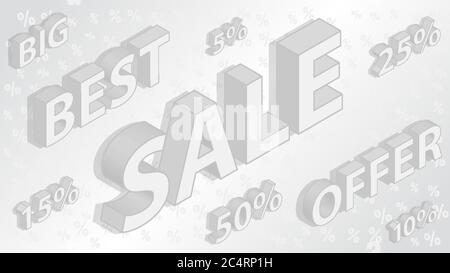 Sale and discount background with isometric inscriptions, in gray colors Stock Vector