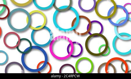 Abstract illustration of randomly arranged colored rings with soft shadows on white background Stock Vector