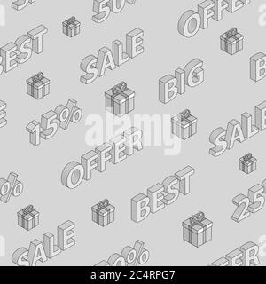 Seamless pattern on sales and discounts with isometric inscriptions and gift boxes, in gray colors Stock Vector