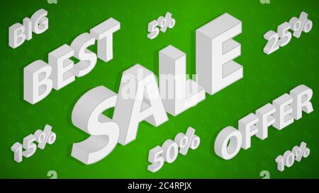 Sale and discount background with isometric inscriptions, white on green Stock Vector
