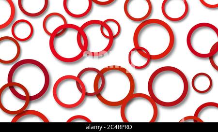 Abstract illustration of randomly arranged red rings with soft shadows on white background Stock Vector