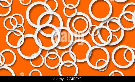 Abstract illustration of randomly arranged white rings with soft shadows on orange background Stock Vector