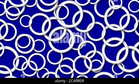 Abstract illustration of randomly arranged white rings with soft shadows on blue background Stock Vector