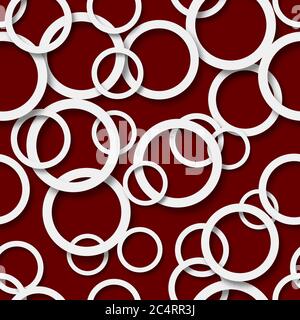 Abstract seamless pattern of randomly arranged white rings with soft shadows on burgundy background Stock Vector