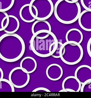 Abstract seamless pattern of randomly arranged white rings with soft shadows on purple background Stock Vector