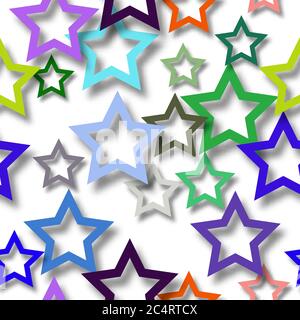 Abstract seamless pattern of randomly arranged colored stars with soft shadows on white background Stock Vector