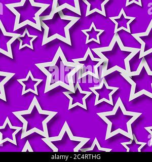 Abstract seamless pattern of randomly arranged white stars with soft shadows on purple background Stock Vector