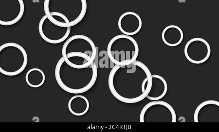 Abstract illustration of randomly arranged white rings with soft shadows on black background Stock Vector