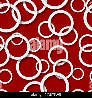 Abstract seamless pattern of randomly arranged white rings with soft shadows on red background Stock Vector