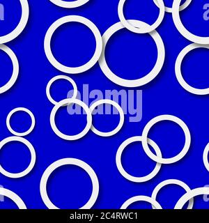 Abstract seamless pattern of randomly arranged white rings with soft shadows on blue background Stock Vector