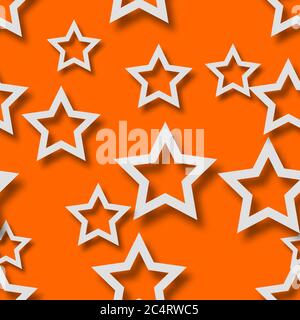 Abstract seamless pattern of randomly arranged white stars with soft shadows on orange background Stock Vector