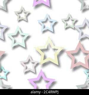 Abstract seamless pattern of randomly arranged colored stars with soft shadows on white background Stock Vector