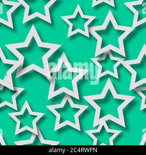 Abstract seamless pattern of randomly arranged white stars with soft shadows on turquoise background Stock Vector