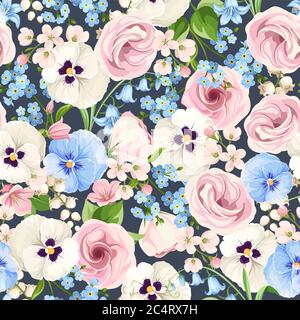 Vector seamless pattern with pink, white and blue lisianthuses, pansies, bluebells and forget-me-not flowers on a blue background. Stock Vector