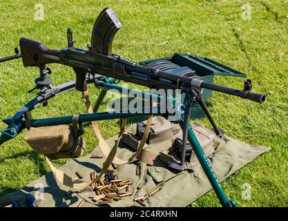 Vintage first world war machine gun with ammunition bullets, wartime experience event, East Fortune, East Lothian, Scotland, UK Stock Photo