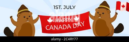 template design banner greeting canada day with beaver holding ribbon Stock Vector