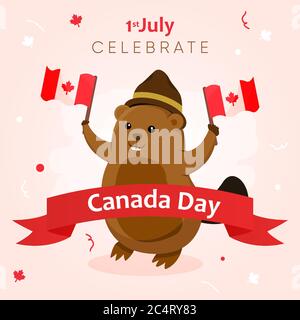 banner greeting canada day with beaver holding canada's flag and ribbon Stock Vector