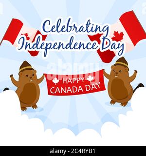 emplate banner square greeting canada day with beaver character Stock Vector