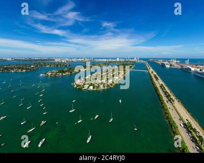 Aerial Miami beautiful photo sailboats islands and bay Stock Photo