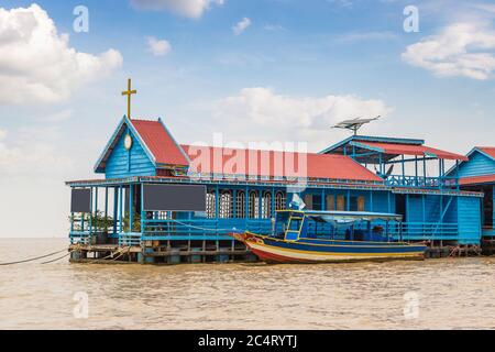 Floating Church in Chong Khneas floating village near Siem Reap, Cambodia in a summer day Stock Photo