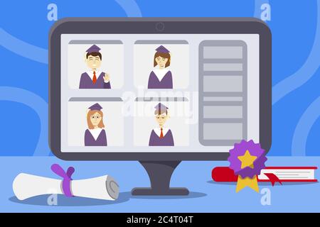 graduation online with 4 students with honor Stock Vector