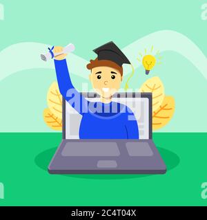 illustration happy student in graduation virtual Stock Vector