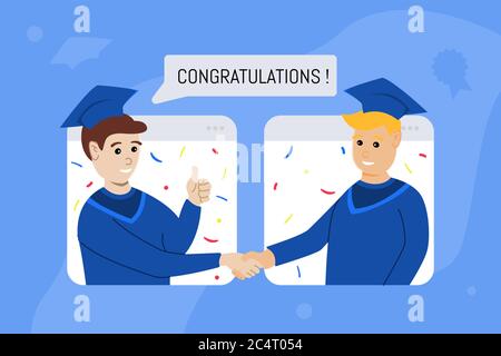 illustration graduation online with two teenager using toga Stock Vector