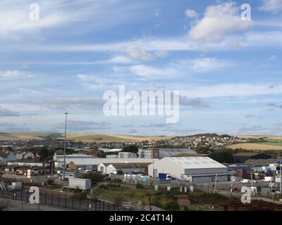 View of Newhaven Industrial Area, East Sussex taken from the Seven Sisters cross channel ferry Stock Photo