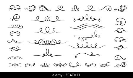 Curl and swirl calligraphic set. Vintage borders, vignettes decorative elements. Elegant graphics elements ink black and white drawing whorls. Isolated vector illustration Stock Vector
