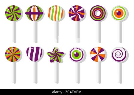 Lollipops Halloween candies with different spiral pattern set. Colorful treat for main holiday in october. Sweet sugar candy stick star, heart, eye with twisted design. Isolated vector illustration Stock Vector
