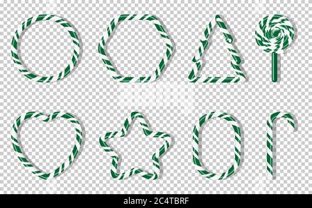 Christmas candies with different shape spiral pattern set. Green treat holiday winter. Sweet sugar cartoon noel candy cane, fir tree, star, heart, lollipops. Transparent background vector illustration Stock Vector