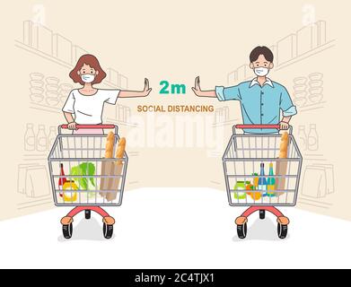 COVID-19 The concept of social distance to prevent the spread of coronavirus. People wearing masks in supermarkets keep a safe distance. Stock Vector