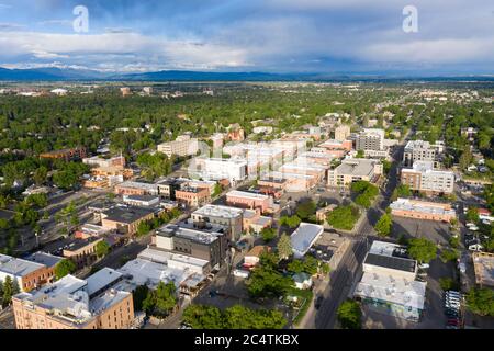 Aerial views of scenic downtown Bozeman, Montana Stock Photo