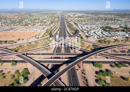 Aerial view of the SuperRedTan freeway interchange of U.S. highway