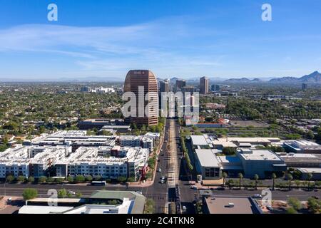 Aerial view up Central Avenue towards Midtown Phoenix and Heard Museum Stock Photo