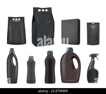 Black detergent pack mockup set, vector isolated illustration Stock Vector