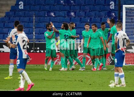 Barcelona, Spain. 28th June, 2020. Real Madrid's players celebrate Casemiro's goal during a Spanish league football match between RCD Espanyol and Real Madrid in Barcelona, Spain, June 28, 2020. Credit: Joan Gosa/Xinhua/Alamy Live News Stock Photo