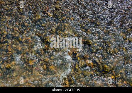 Cool freshness of mountain river fast stream in sunny summer day. Colorful pebbles under transparent clear water, sun glare on the surface of  water Stock Photo