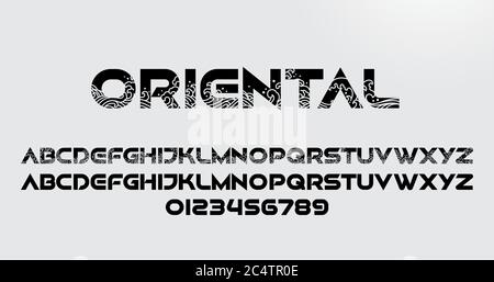 Abstract oriental alphabet font and number. Orient ocean waves pattern stylized for logotype and typography. Vector illustration. Stock Vector