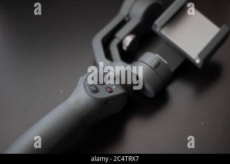 High angle closeup shot of technological equipment on a black background Stock Photo