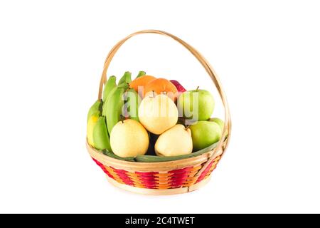 composition assorted fresh fruits such as orange, Chinese pear, banana, red apple and green applein  bamboo wicker basket on white background fruit he Stock Photo