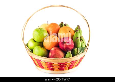 fresh orange, Chinese pear, banana, green apple and red apple in bamboo wicker basket on white background fruit health food isolated Stock Photo