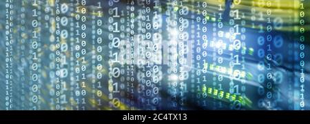Matrix Futuristic theme multiple exposure binary numbers. Data center Website Banner Stock Photo