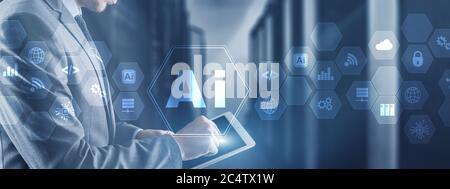 Artificial intelligence concept with businessman on blurred data center background. Stock Photo
