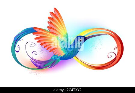 Beautiful infinity tattoo with rainbow hummingbird. Rainbow bird. Stock Vector