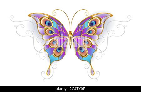 Gold jewelry butterfly peacock on isolated white background. Stock Vector