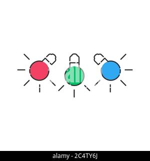RGB light bulbs lamp icon. Linear light bulbs with color blobs. Stock vector illustration isolated on white background. Stock Vector