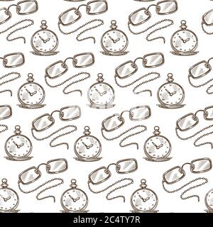 Vintage clock and glasses with chain, monochrome seamless pattern Stock Vector